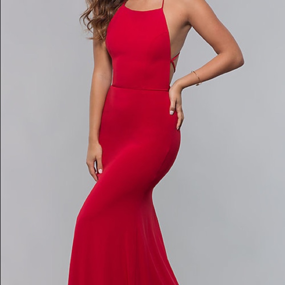 Long, red, fitting, open-back dress